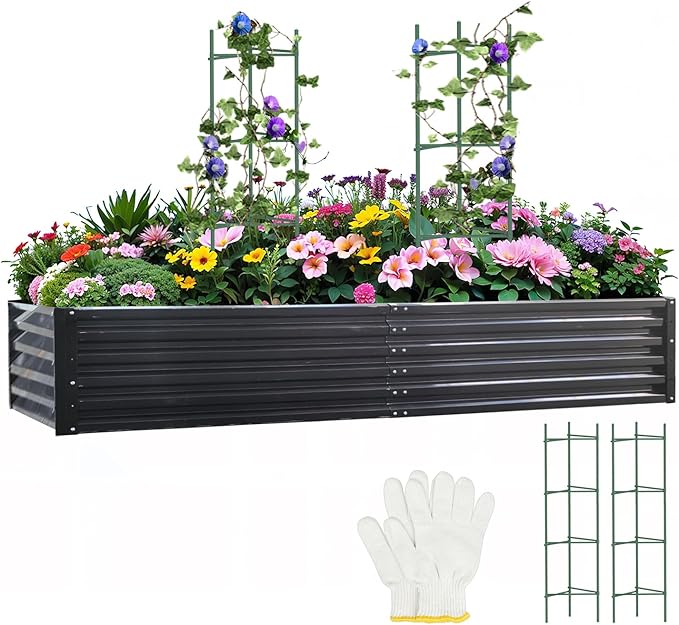 Metal Raised Garden Bed 8x4x1.5Ft Tall Outdoor Large Metal Galvanized Planter Boxes Kit for Vegetables Flowers and HerbsGarden Beds with 2Pcs Tomato Cage 1Pc GlovesBlack