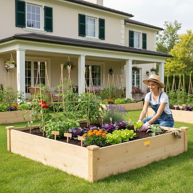 Hollyone 48 X 48 inches Wood Raised Garden Bed Frame Planters Wooden Elevated Planting Planter Box for Outdoor Herb Vegetables Flowers Grass Lawn Yard Patio - Natural 4×4ft