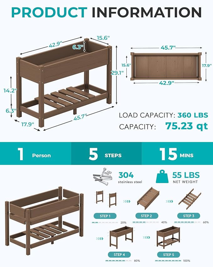 SERWALL Raised Garden Bed with Legs 43×17×30 Large HDPE Elevated Planter Box for Vegetables Flower Herb Patio All Weather Use- Brown