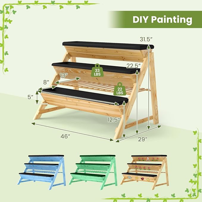 HAPPYGRILL 3-Tier Wooden Raised Garden Bed Elevated Planter Box Kit with Legs &amp Liners for Flower Herb Vegetable Indoor Outdoor Vertical Raised Bed for Gardening Patio Balcony Greenhouse