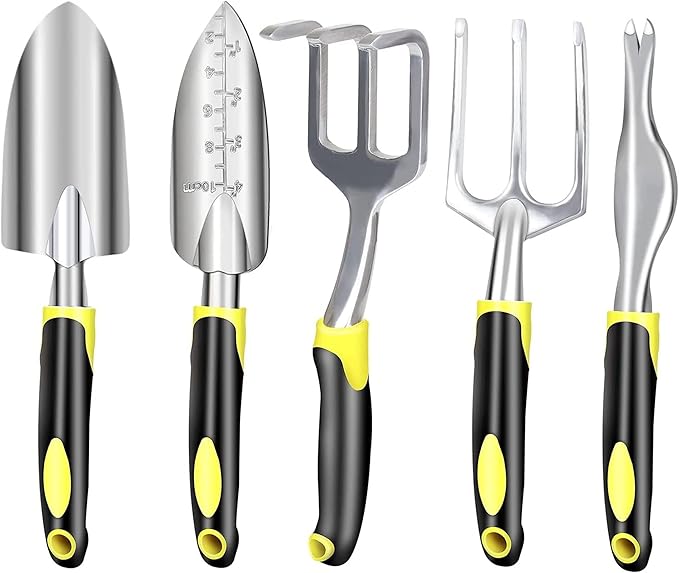 DINGFAN Gardening Tools 5 Piece Gardening Tools Set Aluminum Garden Hand Tools Kit Shovel Transplant Trowel Rake Cultivator Weeding Fork Weeder for Gardener