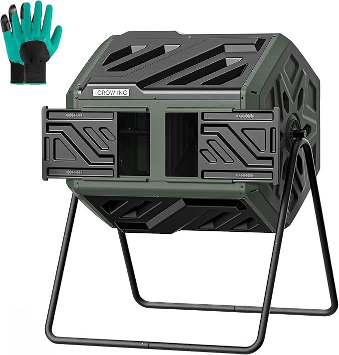 THEGROW'ING Updated 43 Gallon Compost Bin Outdoor Fast Assemble Tumbling Composter Dual Chamber Composter Tumbler Rotating Compost Bin for Outside Backyard Garden and Yard Green