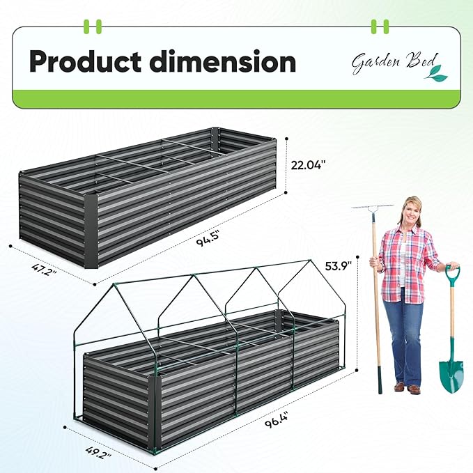Quictent Raised Garden Bed Galvanized Raised Beds for Gardening Vegetables with Cover 8x4x2 ft Metal Planter Box Outdoor Use Green