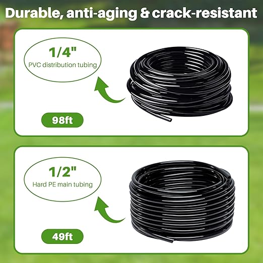Drip Irrigation System Automatic Garden Watering Kit Quick-Connect Watering Misting Drip Irrigation System for GreenhousesYardsLawnsRaised Bedswith 98ft 1/4''&amp 49ft 1/2 Tubing and Accessori