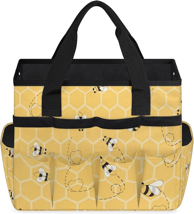 Yellow Bee Gardening Tool BagHeavy Duty Garden Tote BagPortable Oxford Gardening Storage Basket Organizer Handbag with Pockets HandleHand Tools Gifts for Outdoor Garden Lawn Yard