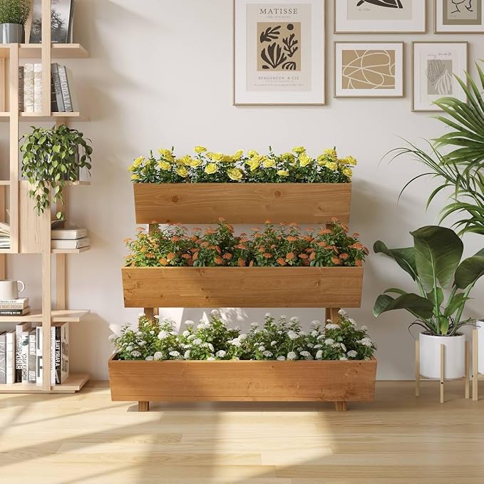 3-Tiers Wooden Raised Garden Bed Tiered Planter Box Flower Pots Vertical Garden Planter Wood Plant Stand for Vegetables Flowers Herbs for Patio Balcony Freestanding (Brown L)