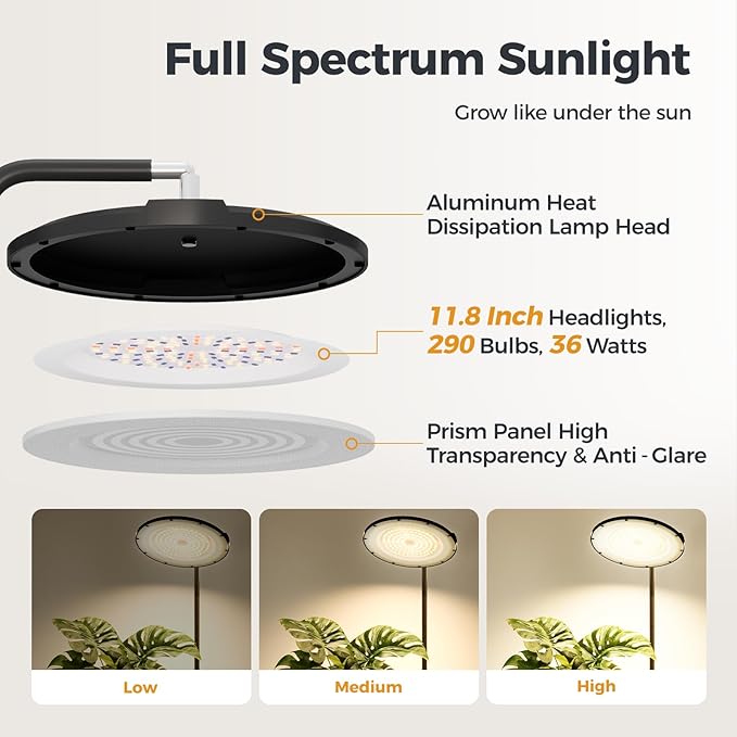 Bamworld Hanging Grow Light for Indoor Plants Full Spectrum 10 Dimmable Levels LED Grow Light Long Cord Timer Garden Greenhouse Flowers Large Tall Plant Black with Upright Stand