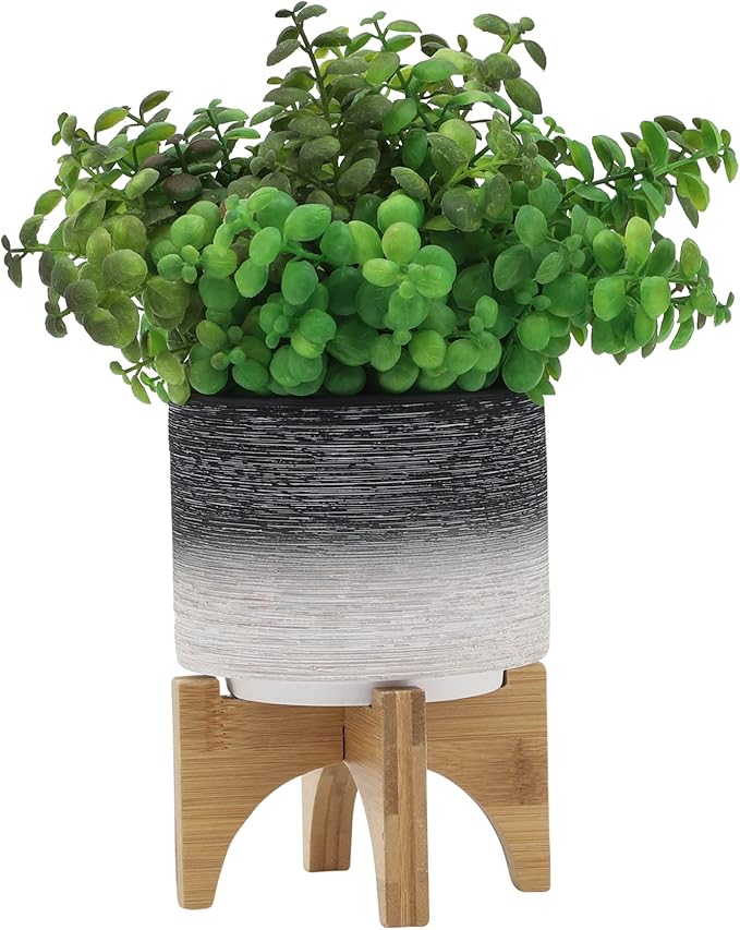 Ceramic 5 Planter ON Wooden Stand Gray