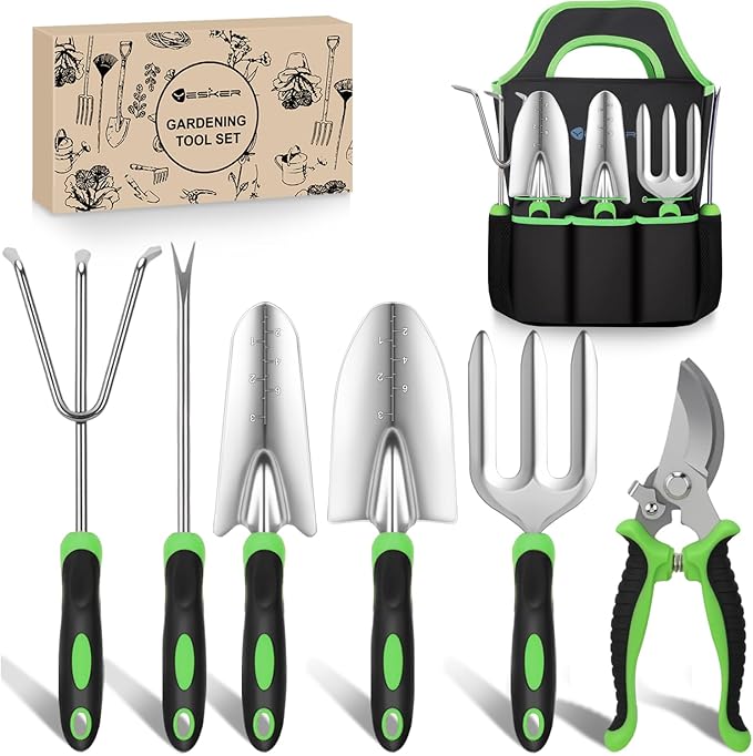 Yesker Gardening Tools 7-Piece Heavy Duty Garden Tool Set Gardening Supplies Gifts for Women Men Gardening Hand Tool Kit with Non-Slip Ergonomic Handle Durable Garden Bag Pruning Shears Black Green