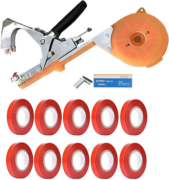 Plant Tying Machine Gardening Tape Tool Plant Ties Hand Garden Tools Set Garden Plants Tool with 10 Rolls Tape and 1 Box Staple for Grape Tomatoes Vegetable Cucumber and Flower (Yellow)