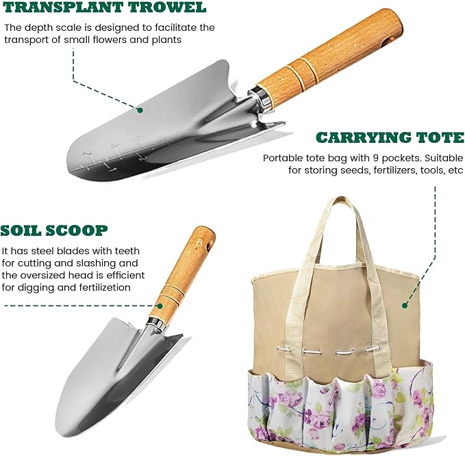 9-Piece Garden Tool Set for Women SK-5 Carbon Steel with Wooden Handle &amp Flower Tote Bag Includes Pruner Trowel Transplanter Weeder Cultivator Rake - Gardening Gifts for Mom