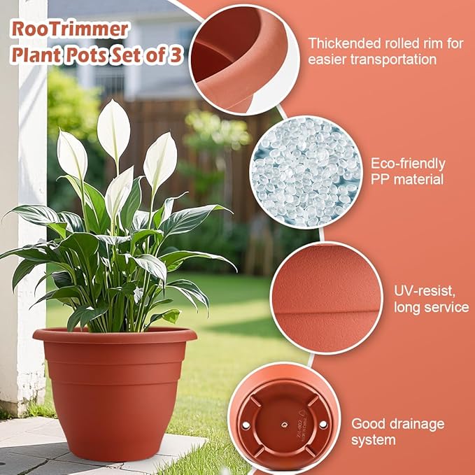 3 Pack Large 16 Inch Plastic Plant Pots for Outdoor PlantsDurable &amp Lightweight Flower Pots with Drainage HolesWeather-Resistant Large Planters for Patio Garden(Brick Red)