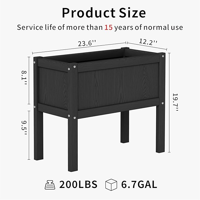 HDPE Raised Garden Bed with Legs All-Weather Outdoor Planter Box Easy to Assemble Drainage System Low Maintenance Non-Fading for Flower/Herb/Seed (Black)