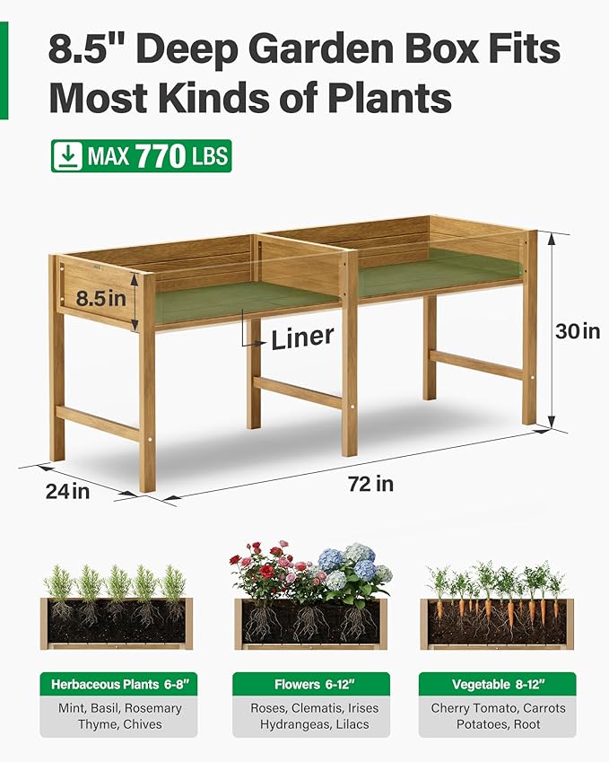 YEFU HIPS Raised Garden Bed: 72x24x30in Large Elevated Planter Boxes Outdoor for Herbs Vegetables Flowers - Raised Garden Beds Outdoor for Patio/Balcony - Comfort Height with Legs for Growing (Teak)