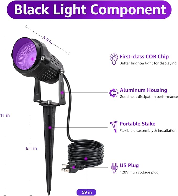 SUNVIE LED Black Light Spot Light Outdoor 10W Blacklight Spotlight Waterproof Halloween Spot Light Outdoor Black Light 120V Purple Spotlight Blacklights for Glow Party Decorations 2Pack