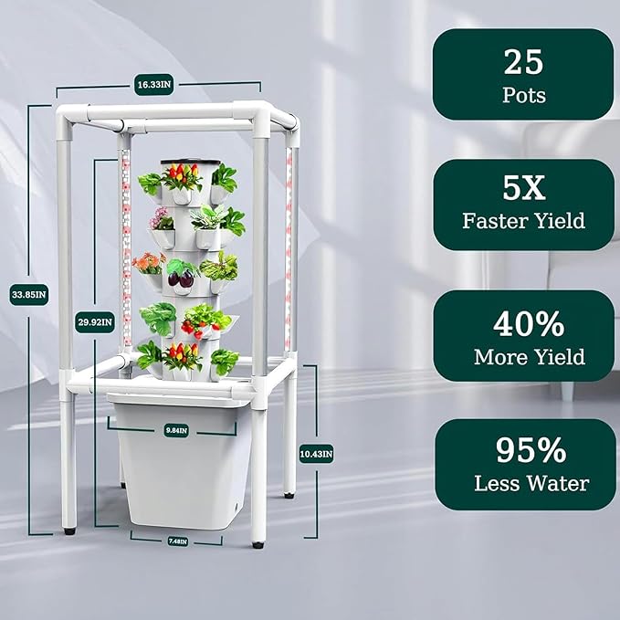 Smart Garden Planter Garden Hydroponics Growing System 30 Pods Plant Germination Kit Hydroponics Tower with LED Grow Light Aeroponics Growing Kit with Hydrating Pump Adapter Net Pots Timer/1pc