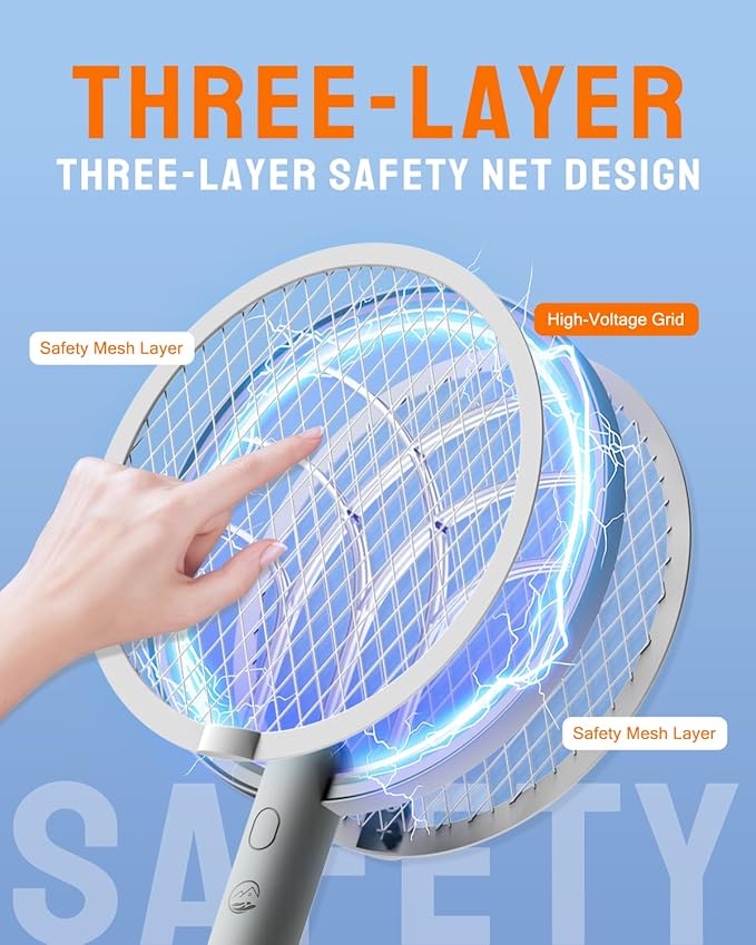Electric Fly Swatter Racket 4000V Bug Zapper with 1800mah Rechargeable Battery &amp Dual Modes 2 in 1 Purple Mosquito Light Killer with 3-Layer Safety Mesh for Indoor Home Patio Camp(1 Pack)