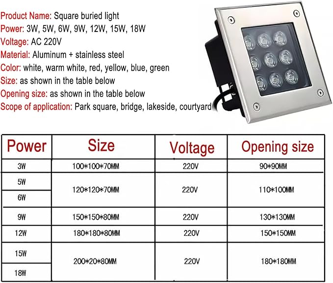 LED Landscape Lights - Outdoor Buried Lights AC 220V Square Embedded Spotlight IP67 Waterproof Ultra-Thin Ecorative Floor Lamp for Pathway Walkway Deck Yard Easy Installation
