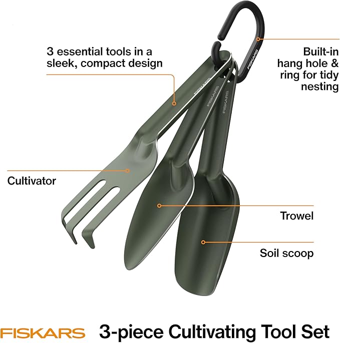 Fiskars 3-Piece Cultivating Tool Set Nesting Trowel Soil Scoop &amp Cultivator for Indoor Gardening Stainless Steel with Powder Coat Finish Space Saving Design for Repotting Houseplants Black