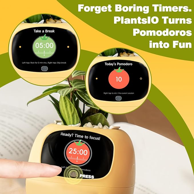 Smart Planter with App Control Self-Watering AI Plant Pot with LCD Display Interactive Desk Plant Companion for 100+ Plants Smart Indoor Planter with Pomodoro Timer80ml ReservoirCalendar-Yellow