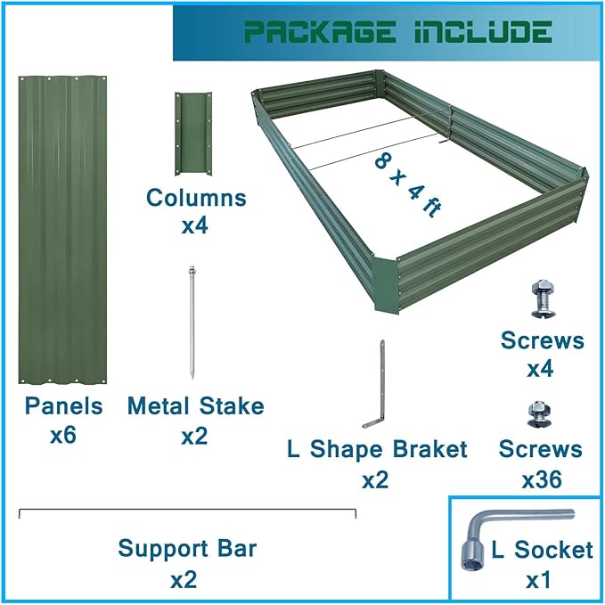 8x4x1ft Metal Raised Garden Bed KitGalvanized Garden Bed Box for Vegetables Flowers Herbs and Succulents240 Gallon Capacity - Green
