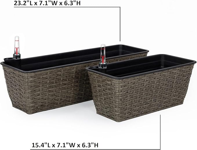 2 Pack Self Watering Planter Hand Woven Wicker Rectangular Dark Gray