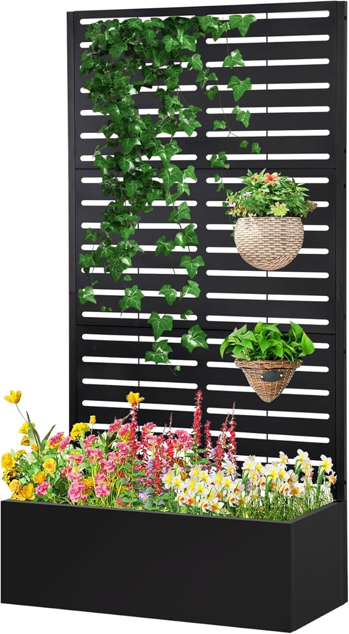 Metal Raised Garden Bed with TrellisPlanter Box for Climbing Plants Vegetables &amp Vines Features Drainage Holes and Privacy Screen.raised garden beds outdoor planters for porch (White 71x35x1