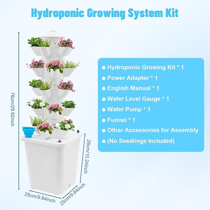 ZAIHW 25-Plant Vertical Tower Garden System Indoor Hydroponic Growing Kit with Pump Funnel &amp Water Level Gauge Vertical Vegetable Planter for Gardening Enthusiasts (White)