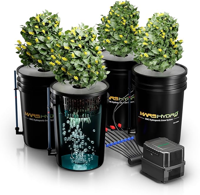 MARS HYDRO DWC Hydroponics Grow System Kit with Recirculating Top Drip 11W Air Pump Air Stone Hose &amp 4 Buckets 5 Gallon Deep Water Culture Indoor Hydroponic System