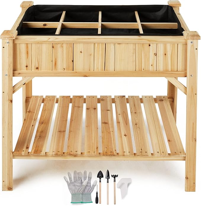 Idzo Raised Garden Bed with Legs Durable Elevated Garden Box with Wax Oil Coated 36x36x24in Wood Planter with Big Planter Box Load Up to 200 Pounds Ergonomic Height for Convenient Plants Care