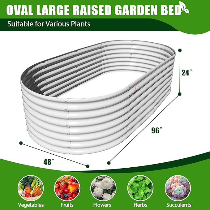 A ANLEOLIFE 8x4x2ft Galvanized Raised Garden Bed Kit Oval Metal Deep Root Planters for Outdoor Plants Vegetables Flowers Herb Large Bottomless 478 Gallon Capacity- Antique White