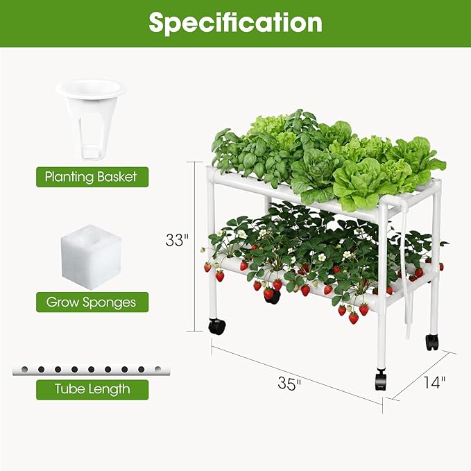Hydroponics Growing System Kit with Wheels 54 Plant Sites Gardening Aquaponics Tower 2-Tier Food-Grade PVC-U Pipes Water Pump Timer for Leafy Vegetables Indoor Outdoor (33x35x14 in 54 Holes)