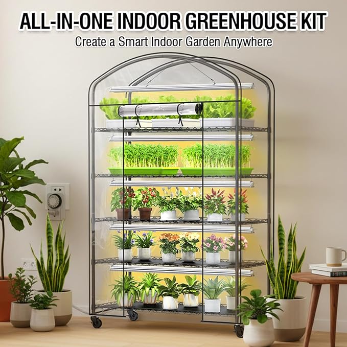 5 Tier Metal Plant Stand with Grow Light &amp PVC Cover Portable Mini Greenhouse with Shelves Adjustable Small Indoor Green House with Grow Light for Indoor Plants Seedling Rack 49x21.6x79