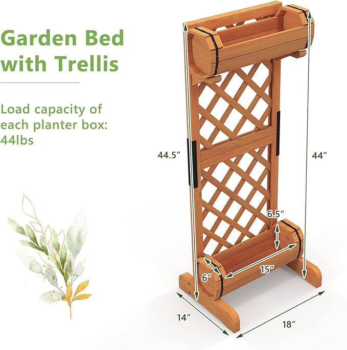 HAPPYGRILL Raised Garden Bed with Trellis Removable Planter Boxes with 2-Tier Round Planter Box &amp Lattice Trellis Vertical Wood Raised Flower Bed for Vine Climbing Plants (18 L x 14 W x 44.5
