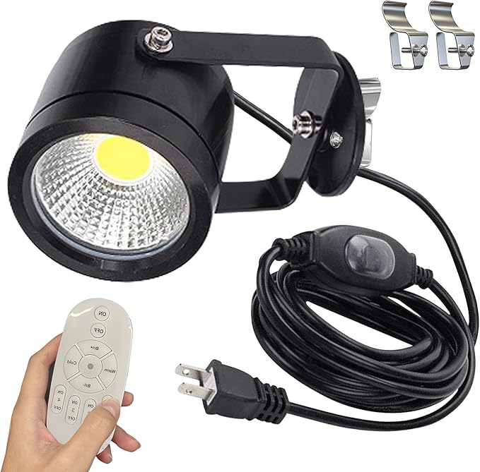 Kiven LED Indoor/Outdoor Waterproof Spotlight Dimmable Porch Light with 9.84 FT Plug-in Cord and Remote Control Black 7 Watts Plug in Accent Light with Vinly Siding Hooks for Plants Porch Garden