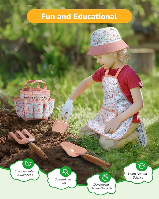Kids Gardening Set Toys Quality Garden Tool Kit for Kids and Toddlers Includes Two Shovels Garden hatRake ApronGloves Watering Can and Tool Bag (Pink)
