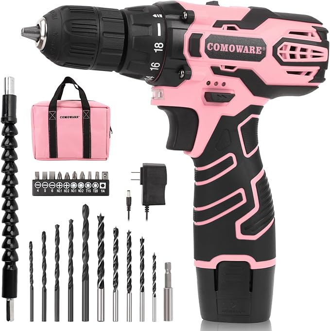 COMOWARE Pink Cordless Drill Set for Women 12V Lightweight Electric Screwdriver with 3/8 Keyless Chuck 1.5Ah Battery - Portable Power Drill Kit with Pink Tool Bag for Home DIY Projects