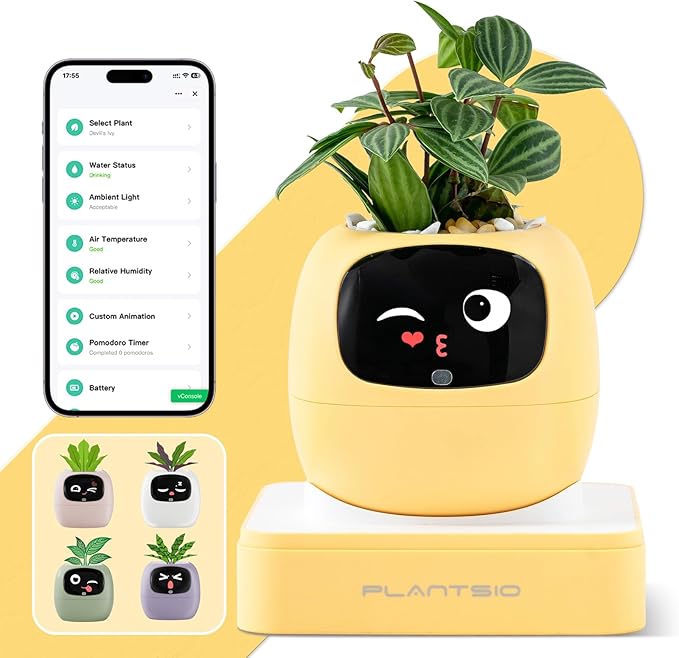 Smart Planter with App Control Self-Watering AI Plant Pot with LCD Display Interactive Desk Plant Companion for 100+ Plants Smart Indoor Planter with Pomodoro Timer80ml ReservoirCalendar-Yellow
