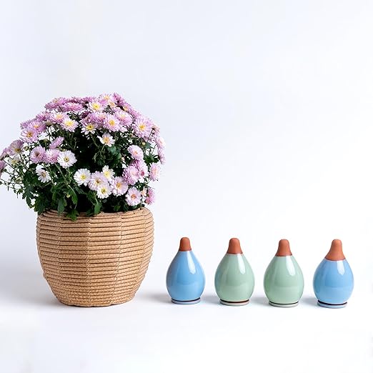 4-Pack Self Watering Planter Insert - 2 Blue and 2 Green Ceramic Watering Globes for Indoor Plants Terracotta Bulbs and Small Plant Pots - 300ml Capacity 1 Weeks Autonomy