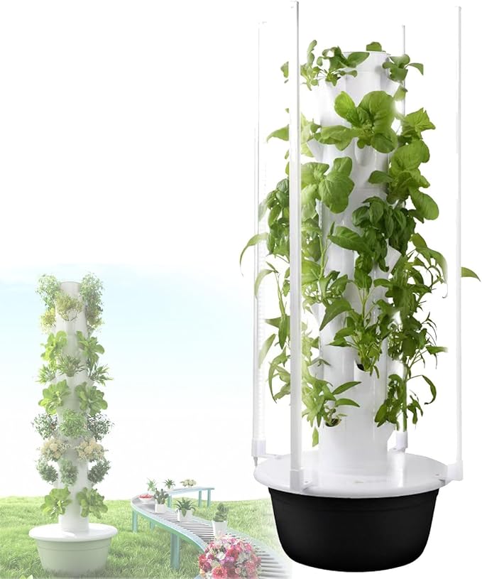 Soilless Cultivation Vertical Hydroponic Garden TowerAuto Water Circulate Vertical Growing TowerHydroponic Towerfor Indoor/Outdoor Hydroponics Growing Tower green-7layers+plantlight