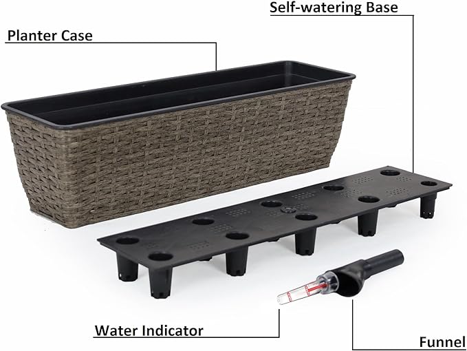 2 Pack Self Watering Planter Hand Woven Wicker Rectangular Dark Gray