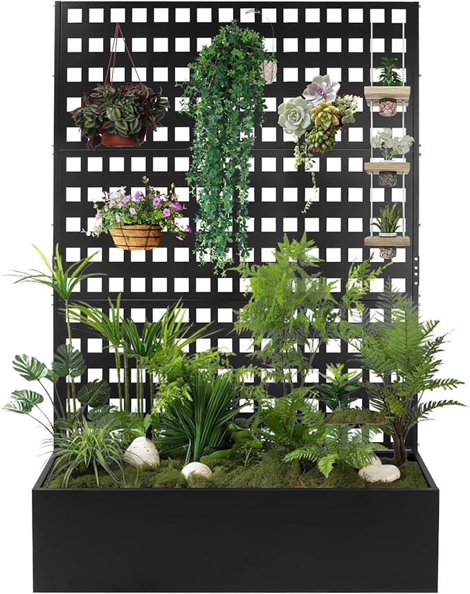 Metal Planter Box with TrellisRaised Garden Bed with46''Lx18''Wx71''Hfor Climbing PlantsVegetables &amp VinesPlanter with Trellis &ampDrainage Holes Privacy Planters (46''Lx18''Wx71''H)