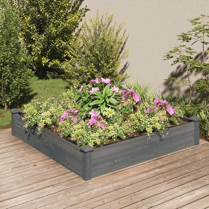 Rustic Solid Fir Wood Raised Garden Bed 47.2 Square Planter Box for Outdoor Plants Grey Matte Finish Durable Gardening Solution