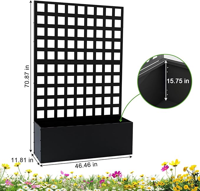 Metal Raised Garden Bed with Trellis - Tall Trellis Planter Box for Climbing Plants Vegetables &amp Vines Outdoor Privacy Planters for Patio 72.83x46.46x11.81 Black