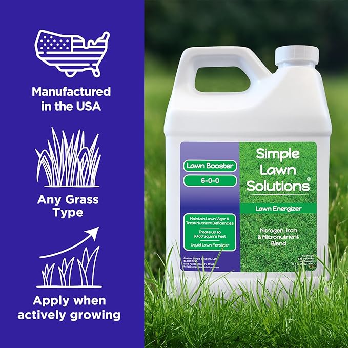 Commercial Grade Lawn Fertilizer with Iron- Liquid Fertilizer Spray- Nitrogen and Iron for Deeper Green Turf- Any Grass Type - Simple Lawn Solutions - Lawn Energizer (64 Ounce)