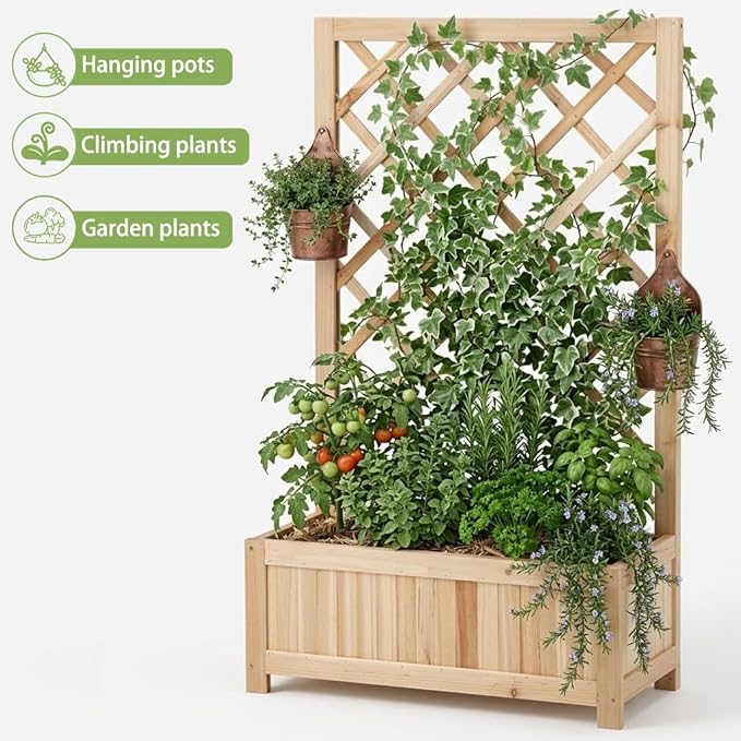 Wooden Raised Garden Bed with Trellis 40 Outdoor Planter Box for Climbing Plants Vertical Natural Wood Garden Planter for Vegetables Flowers &amp Vines Lattice Plant Support for Patio Yard Balco