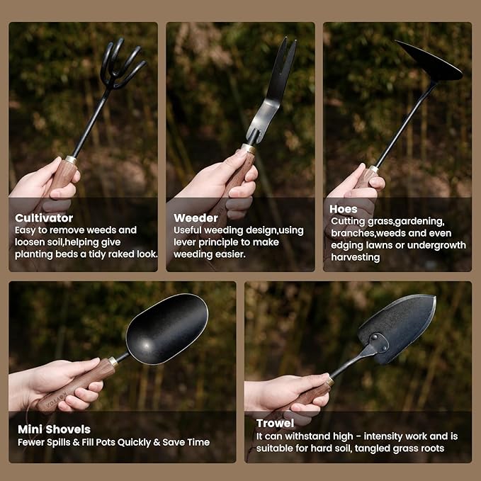 Garden Tool Set 5PCS Gardening Tools Stainless Steel Heavy Duty Hand Cultivator Hoes Shovel Trowel and Weeder with Ergonomic Walnut Handle Gardening Gifts for Women