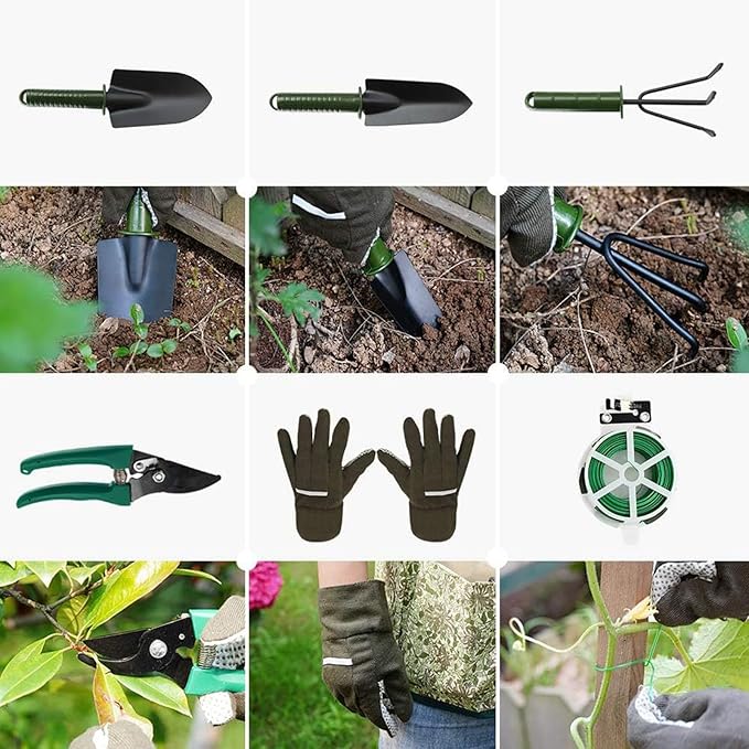 Garden Tool Set 8 Pcs Stainless Steel Heavy Duty Metal Gardener Gardening Hand Tool Set with Belt Bag Includes 8 Small Pockets Outdoor Heavy Duty Gardening Work Set with Ergonomic Handle