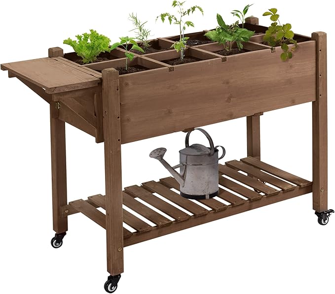 Raised Garden Bed with 8 Grow Grids Wooden Outdoor Planter Box with Wheels &amp Folding Side Table Self-Draining Elevated Plant Box for Vegetables Flowers Herbs 49 x 21 x 34 Brown