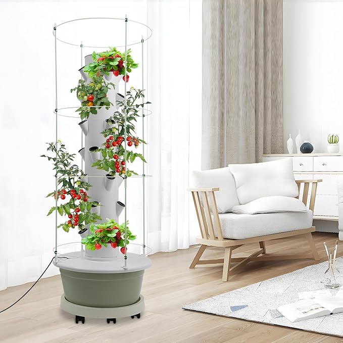 28 Pods Hydroponics Growing System kit 7-Layer Movable Vertical Hydroponic Tower with Pump Timer Climbing Support Frame Indoor Gardening System for Vegetables Fruits Herb